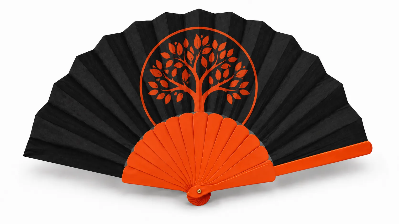 Produktbild von Werbefächer mit Lebensbaum-Motiv – Schwarz & Orange