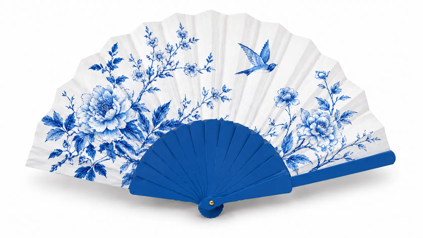 Handfächer im Porzellan-Stil – Blau-Weiß mit Blumen und Vogel