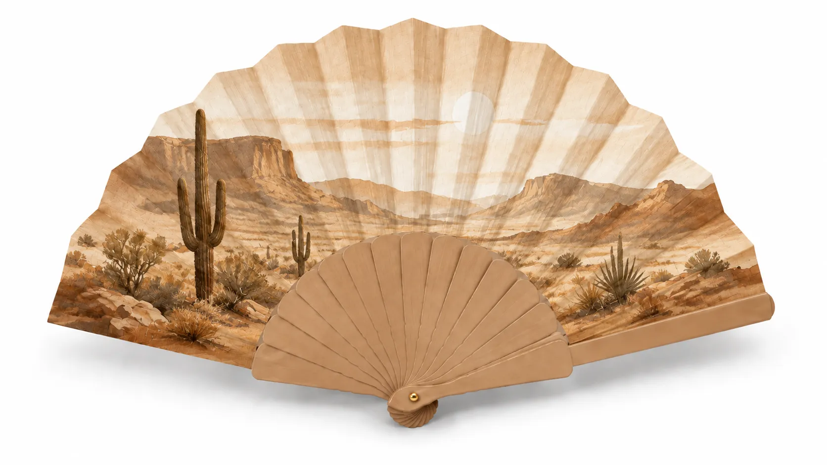 Produktbild von Handfächer mit Wüsten-Motiv – Kaktus und Canyon in Beige und Braun
